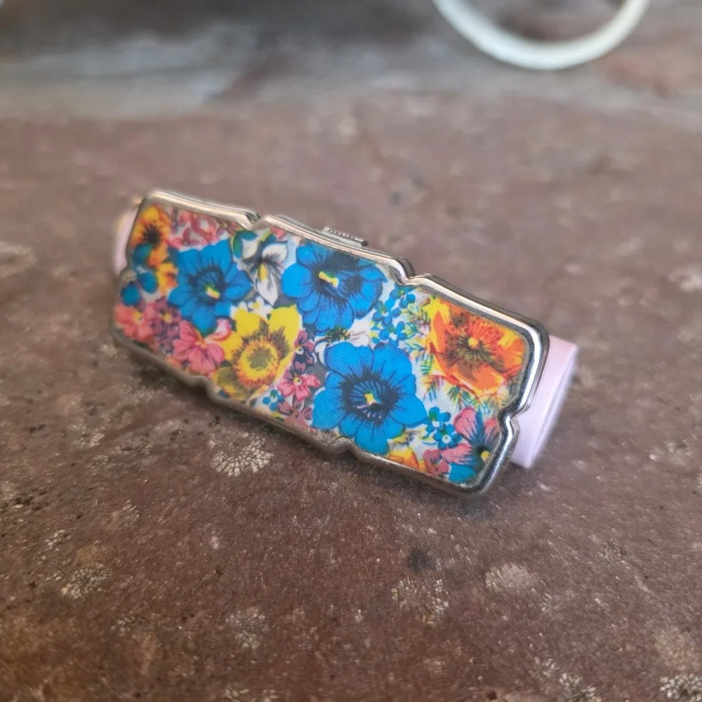 Vintage Floral Lipstick Case Holder with Mirror Silver Tone Metal Multi Color